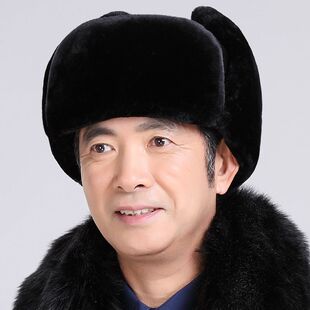 冬季中老年雷锋帽冬天中年男帽保安帽加厚加绒爸爸人造革护耳棉帽