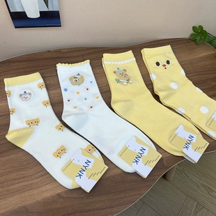 2026春夏新款 薄棉无骨袜头花边袜卡通小熊可爱女中筒袜嫩黄色 爆款