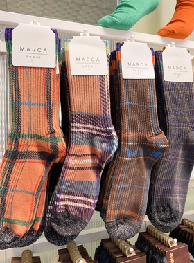进口MARCA韩国东大门代购格子纹拼色银葱亮丝中高筒女袜子保暖冬