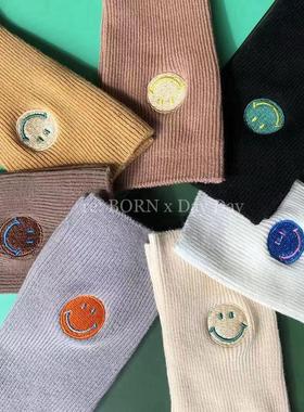 韩国东大门进口MARCA纯色刺绣笑脸螺纹中长筒简约女堆堆袜秋新品