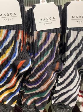 韩国东大门进口代购MARCA银葱亮丝斑马彩条格纹时尚潮中筒女袜子