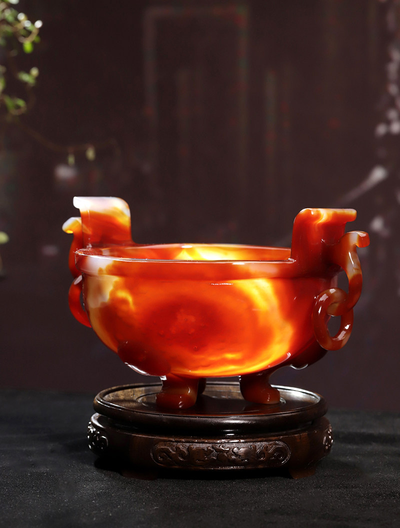 天然手工红玛瑙双环三角香炉玉鼎摆件佛堂香器孤品桌摆送长辈礼物