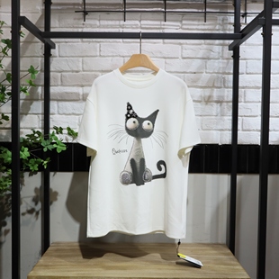MRER莫乂义 春季新款韩版宽松女士猫猫印画T恤R5A80434专柜正品