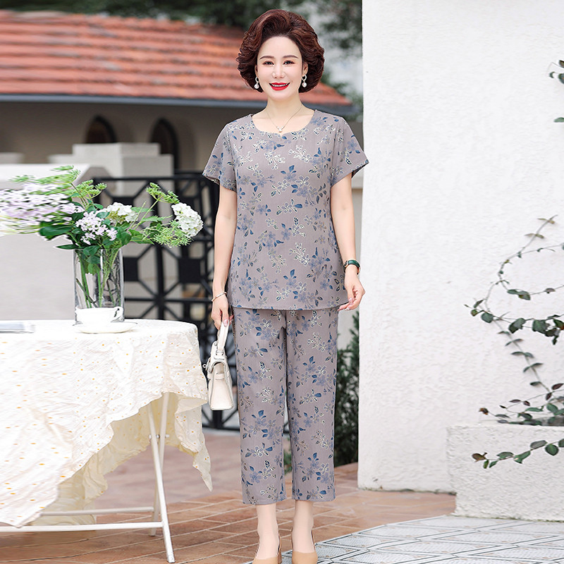妈妈装夏款短袖烫金花色洋气套装中老年女装奶奶装两件套