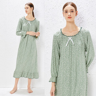 春秋女莫代尔纯棉加大码宽松长袖长款碎花绿色亲肤睡裙睡衣家居服