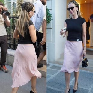姆巴佩女友Ester Expósito街拍同款黑色上衣十粉红桑蚕丝半身裙