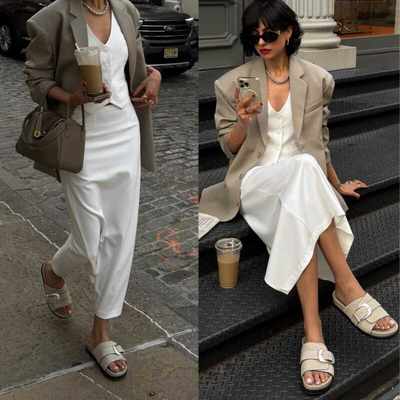 白色马夹白色后开衩及踝半身裙