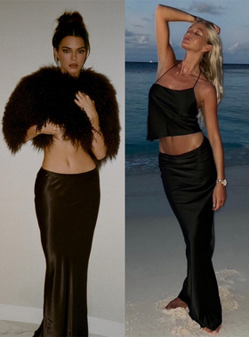 Kendall同款老钱风黑白醋酸缎吊带半身裙子网红2025炸街套装爆款