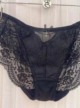 速发EBLIN黑色全蕾丝诱惑超性感时尚蝴蝶结提臀修身无痕女平角裤