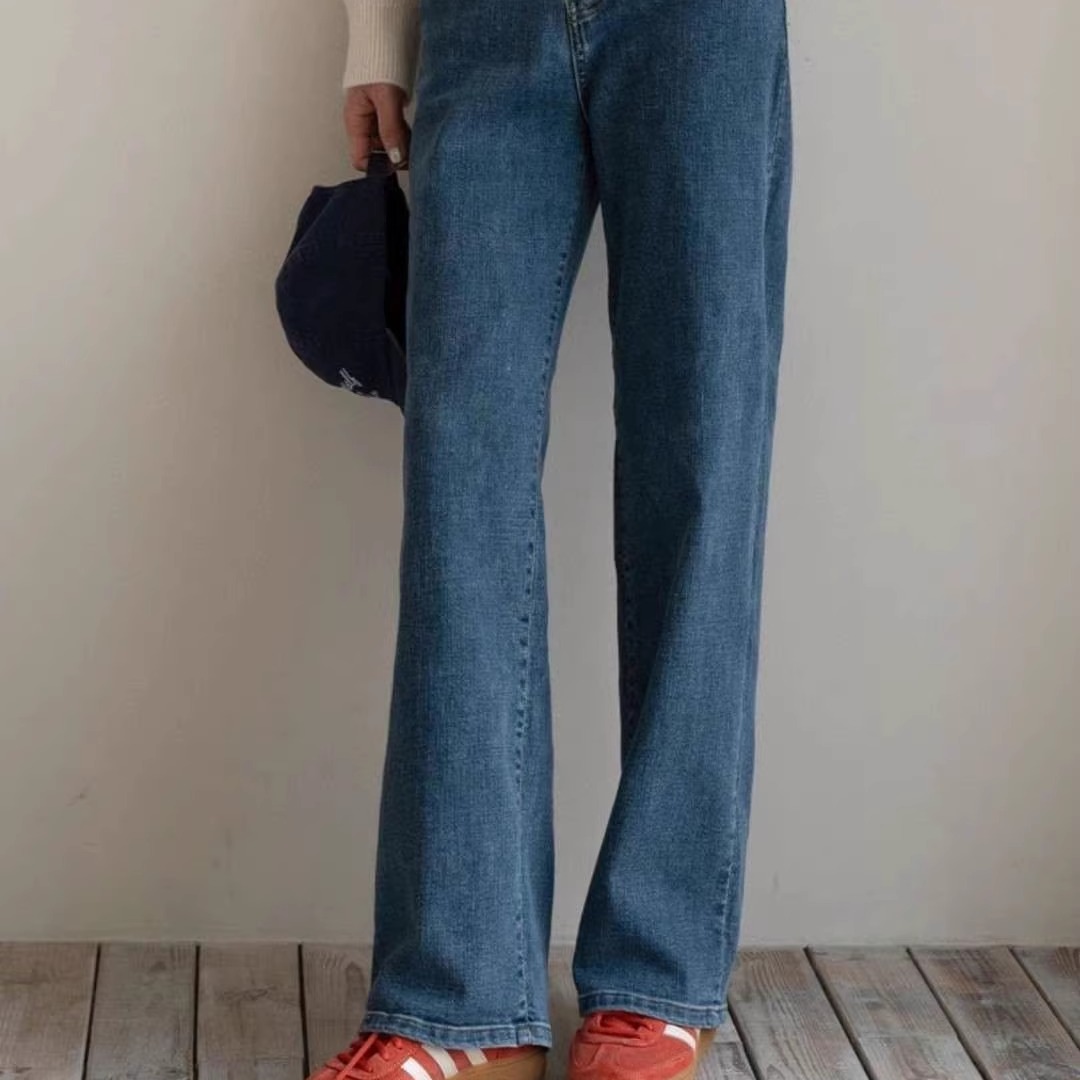 现韩国东大门HOWLUK正品松紧腰弹力显瘦直筒裤百搭长款牛仔裤2018