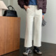 现韩国东大门冬加绒Pi2松紧高腰白色显瘦小阔腿九分直筒牛仔裤 645