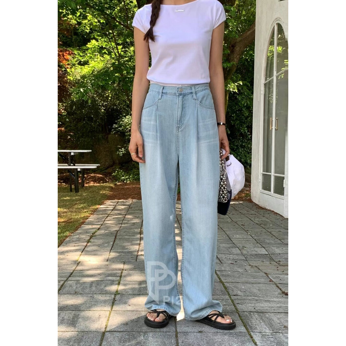 现韩国东大门PI2正品高腰宽松显瘦阔腿裤软薄长款直筒牛仔裤女619