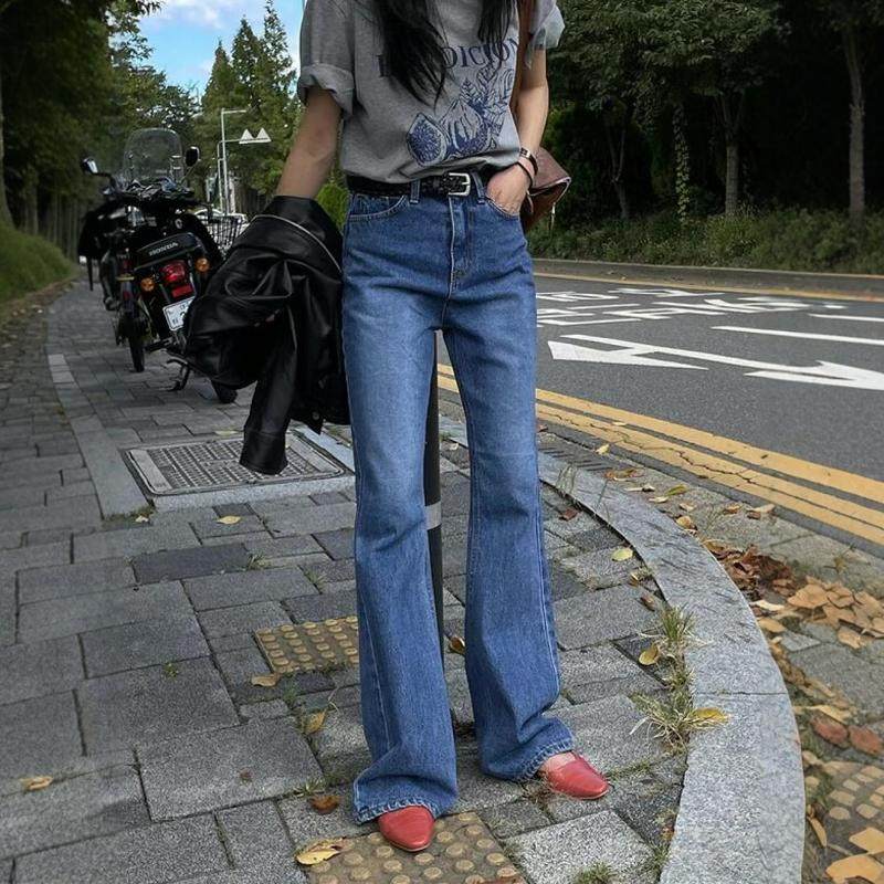 韩国东大门正品2025秋BYD高腰直筒修身深色小微喇牛仔裤长裤1020