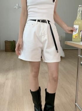韩国货正品2025夏SELECT白色高腰显瘦直筒裤休闲百搭牛仔短裤228