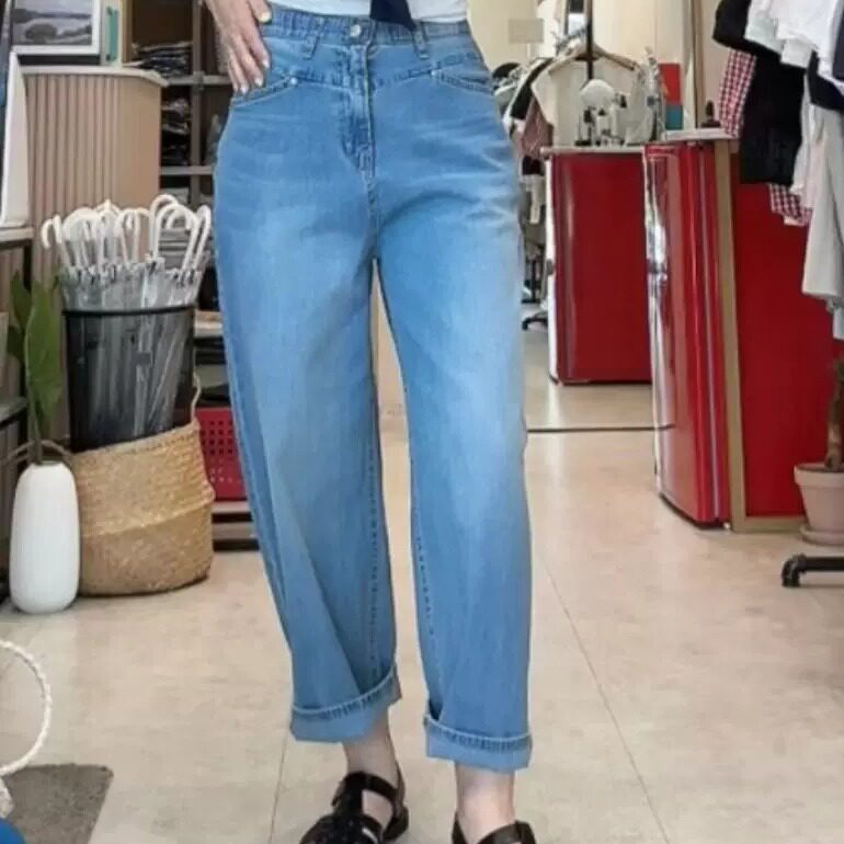 韩国东大门26夏PI2正品松紧高腰宽松九分阔腿裤梨形直筒牛仔裤688