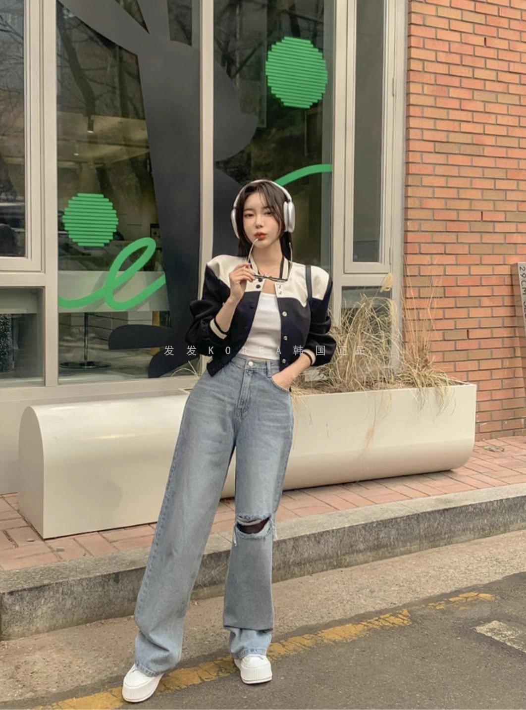 阔腿裤韩国BLUEGIRL破洞牛仔裤