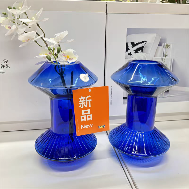 特价IKEA宜家 克莱博巴 花瓶蓝色透明装饰摆件新品玻璃插花瓶24cm
