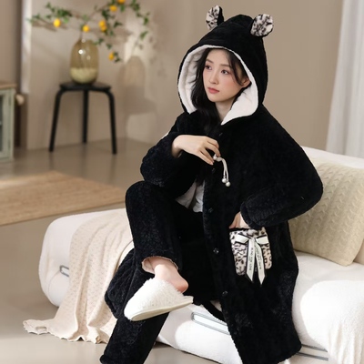 家居服套装秋冬长款三层夹棉睡袍