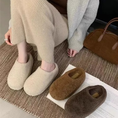 羊羔毛保暖加绒一脚蹬包头棉拖