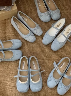 温柔仙女风玛丽珍鞋2025年新款法式少女蓝色绒面浅口内增高晚晚鞋