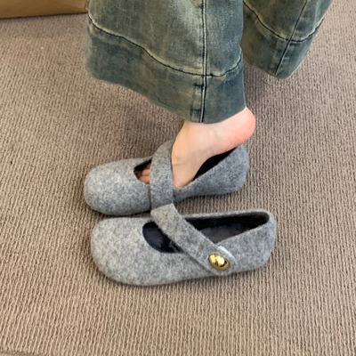 新款复古气质呢子加绒玛丽珍鞋