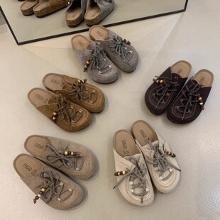 真皮勃肯鞋厚底女鞋2025年新款复古磨砂牛皮丑萌爆款包头懒人拖鞋