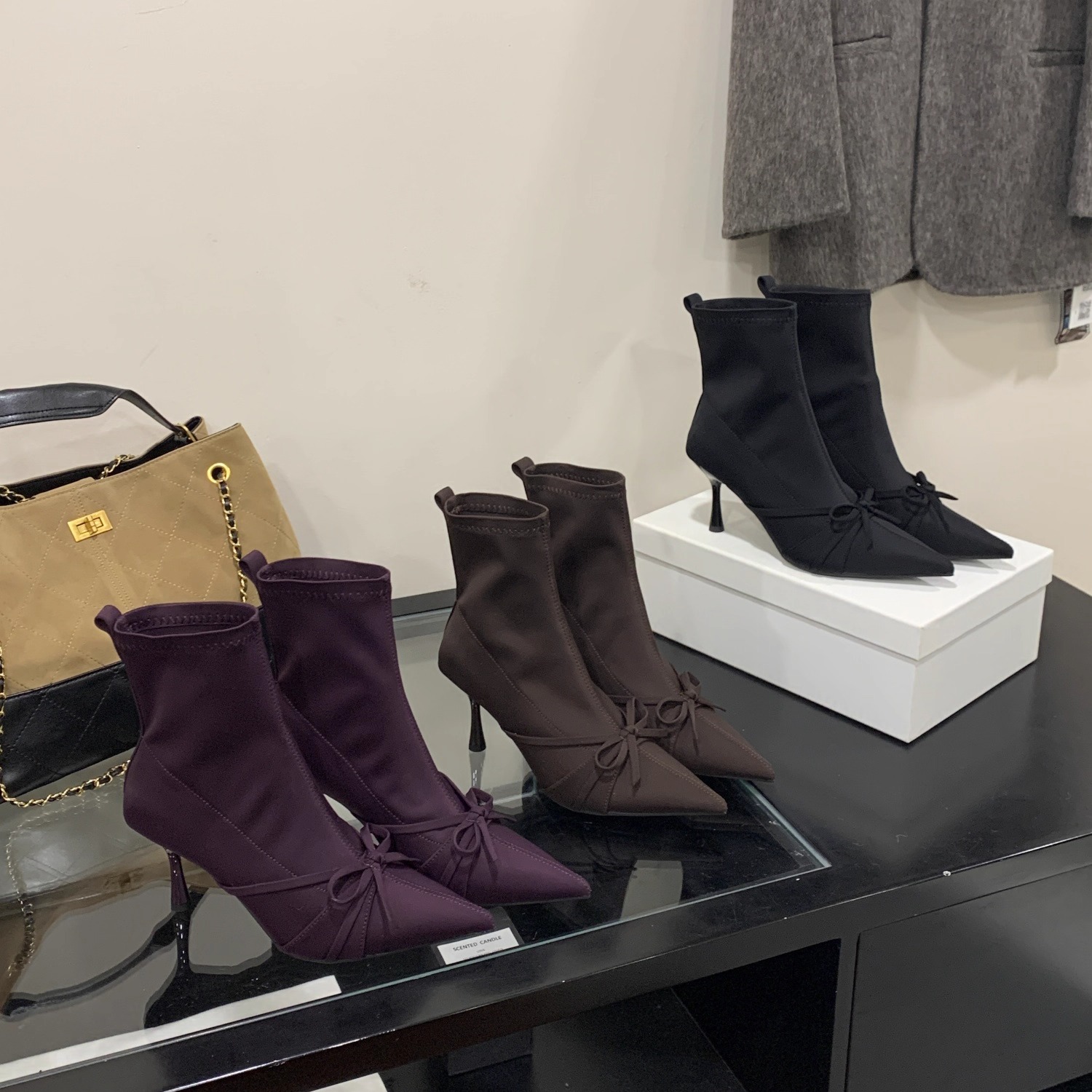 秋冬季法式高跟蝴蝶结弹力短靴