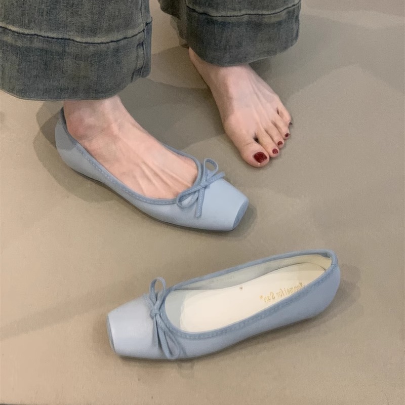 法式优雅莫奈奶蓝色方头浅口单鞋