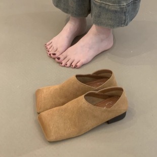 休閑一腳蹬豆豆鞋 女低跟2025秋冬勃肯鞋 小眾擦色方頭軟底真皮單鞋
