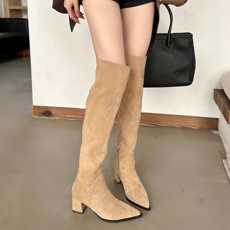粗跟绒面过膝靴堆堆长靴女鞋