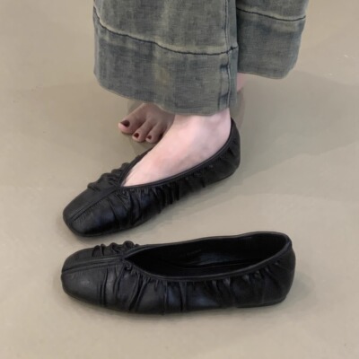 褶皱芭蕾舞平底鞋方头奶奶鞋单鞋