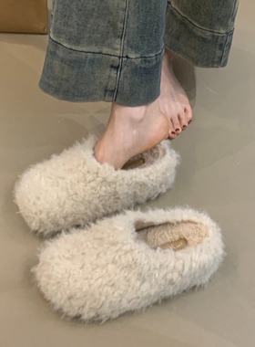 厚底6CM 小个子内增高温柔可爱羊卷毛保暖加绒一脚蹬穆勒棉拖鞋女