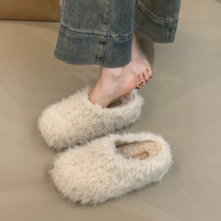 厚底6CM 女 小个子内增高温柔可爱羊卷毛保暖加绒一脚蹬穆勒棉拖鞋