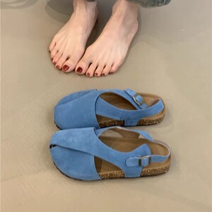 复古包头凉鞋女2025年春夏森女文艺磨砂真皮交叉厚底一脚蹬勃肯鞋