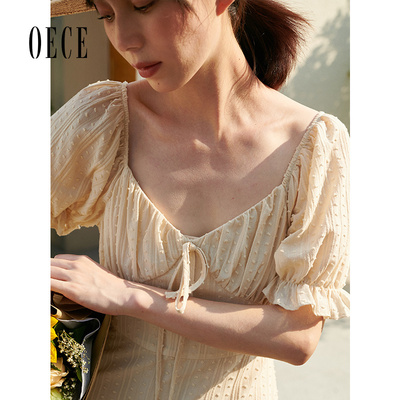 Oece夏装新款女装 复古提花V领裙子甜美荷叶边女神范连衣裙
