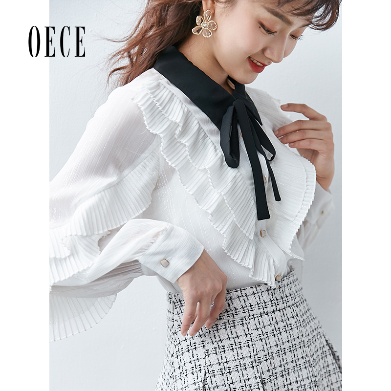 Oece春秋装女装 法式复古甜美花边系带上衣长袖雪纺衫衬衫