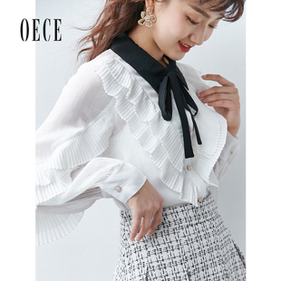女装 衬衫 法式 雪纺衫 复古甜美花边系带上衣长袖 Oece春秋装