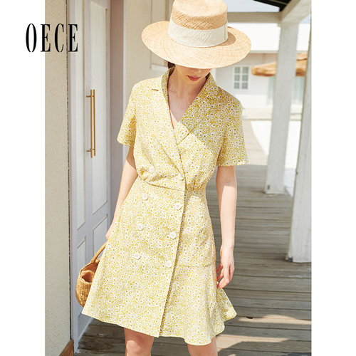 Oece夏装新款女装 小碎花复古个性翻领双排扣短袖连衣裙