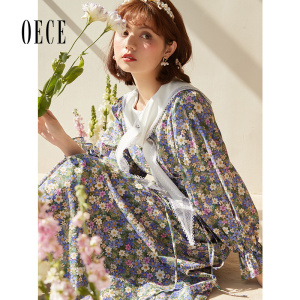 Oece早春碎花连衣裙女装复古气质中长款法式淑女裙