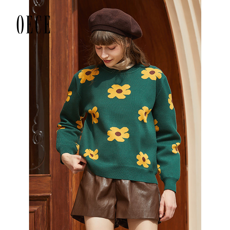 Oece冬装新款女装 复古太阳花针织衫外穿圆领长袖提花毛衣