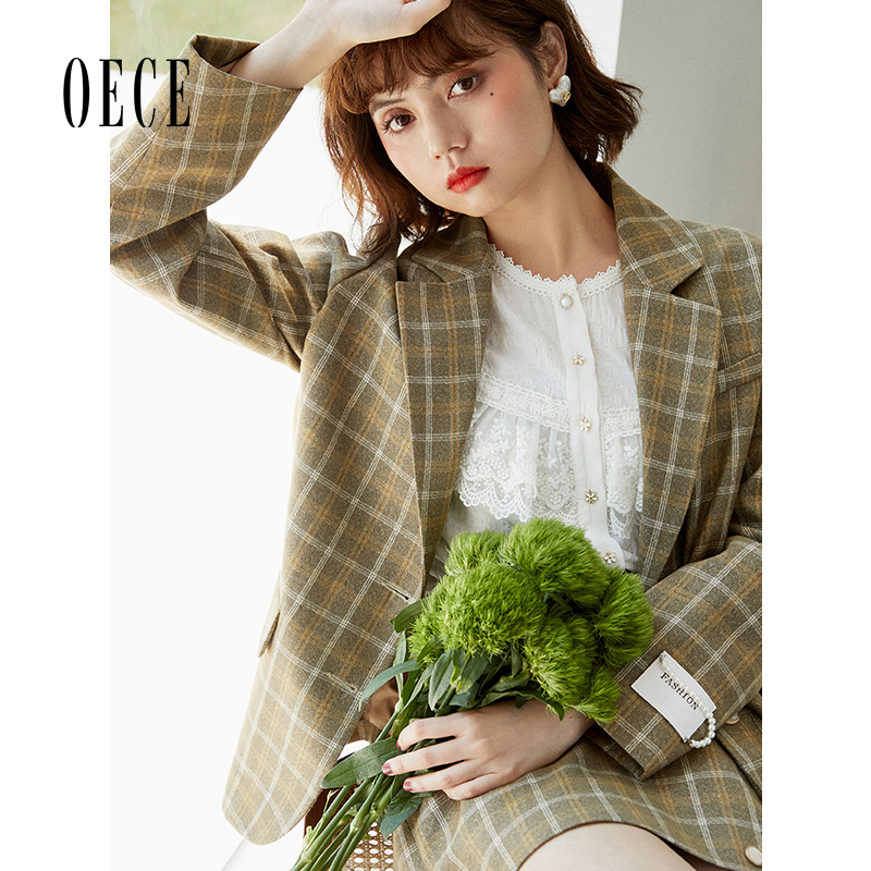 Oece复古格纹小西装学院风气质