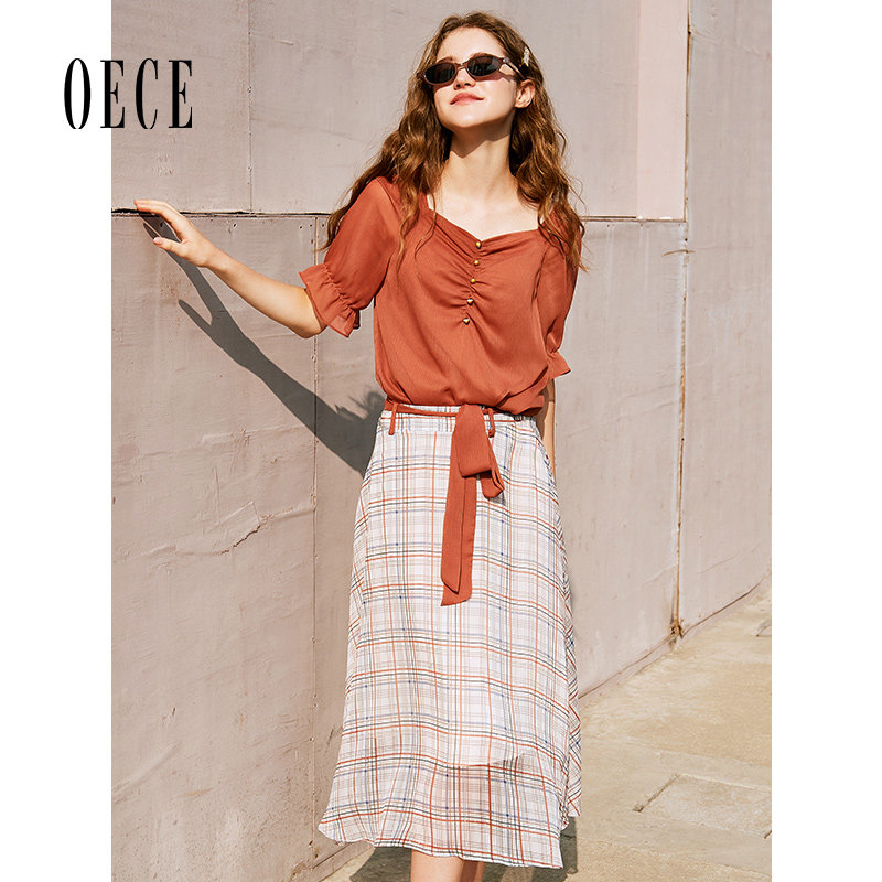 Oece夏装新款女装 文艺女孩复古格纹裙子气质高腰A字半身裙