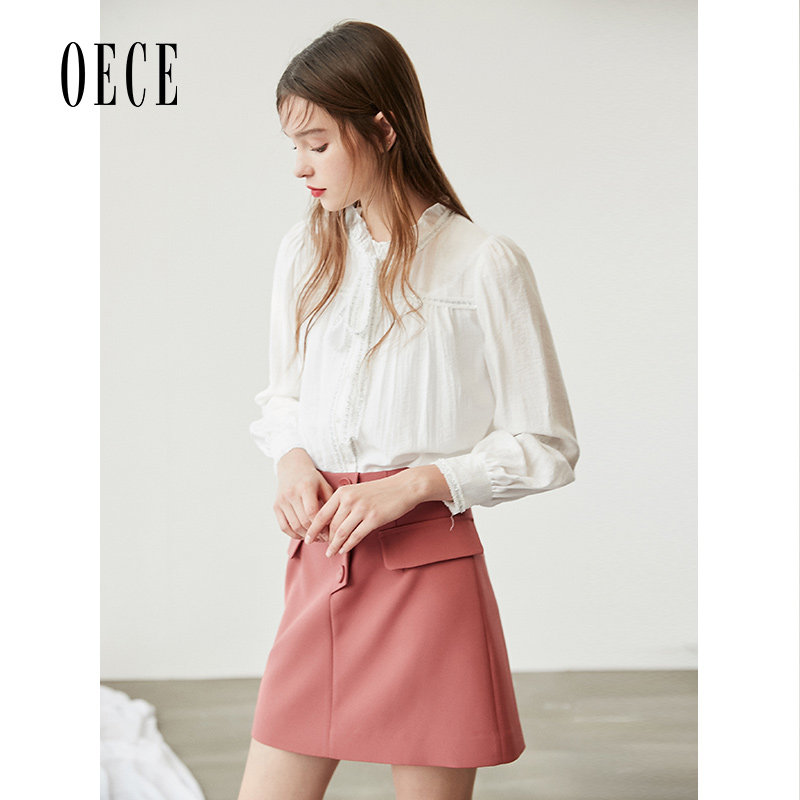 Oece春夏装新款女装 甜蜜有氧复古优雅学院花边领系带长袖衬衫