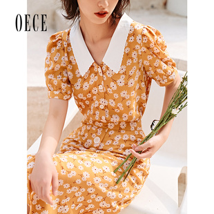 泡泡短袖 复古黄色小碎花衬衫 上衣 女法式 Oece春夏新款