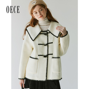 Oece复古减龄呢外套女冬季新款牛角扣设计感大衣