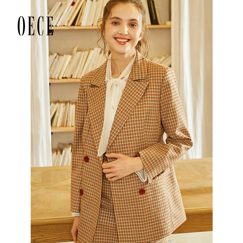 Oece春装新款女装 个性复古女孩英伦格纹翻领双排扣西装外套