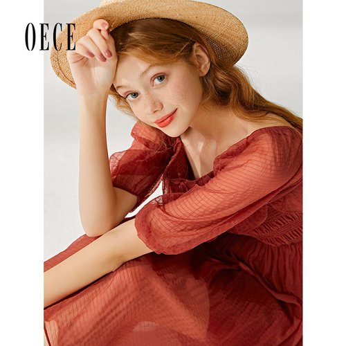 Oece夏装新款女装 甜心法式甜美荷叶边复古显白收腰连衣裙