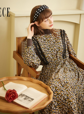 Oece冬装新款女装法式复古小碎花裙子蕾丝花边高腰长袖连衣裙