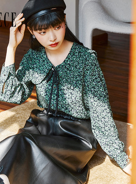 Oece设计感甜美衬衫秋冬新款女装韩系复古碎花衬衣上衣