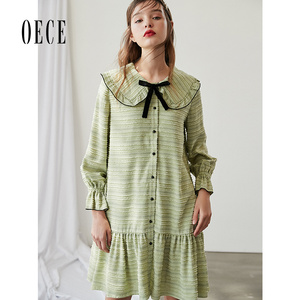 Oece春装新款女装 可爱甜心复古减龄娃娃领系带长袖连衣裙